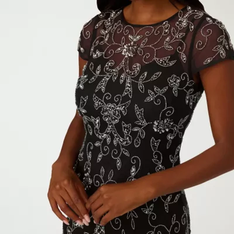 Papell Boutique Womens Beaded Embellished Short Sleeve Evening Gown