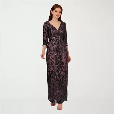 Papell Boutique Womens Beaded Embellished 3/4 Sleeve Evening Gown