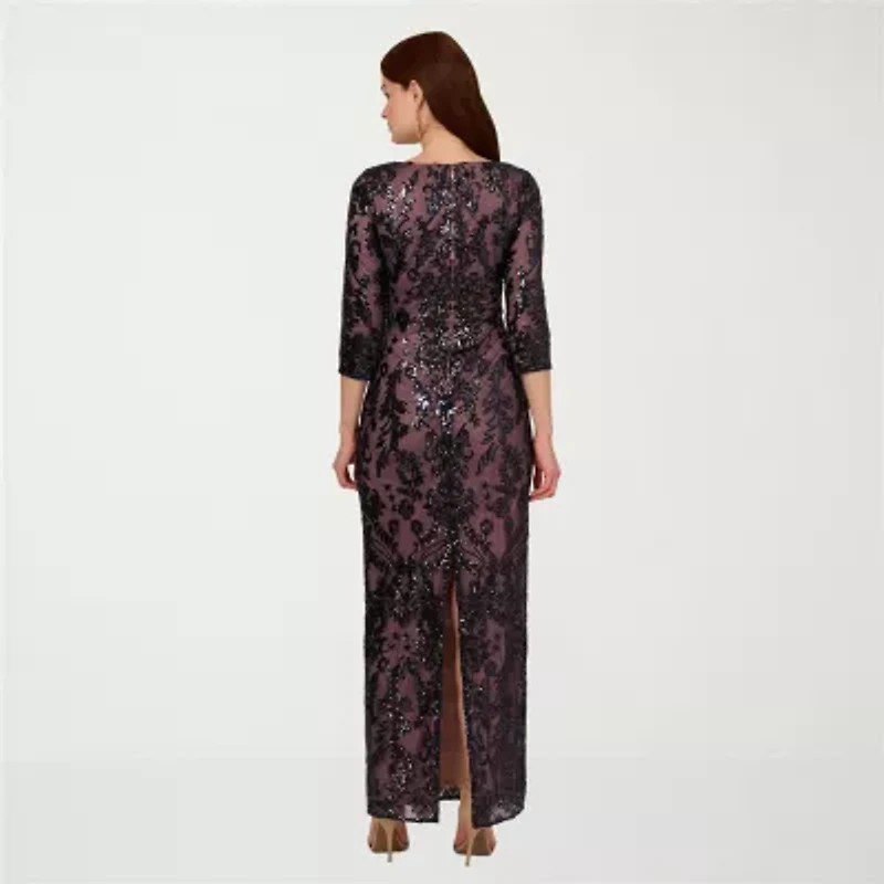 Papell Boutique Womens Beaded Embellished 3/4 Sleeve Evening Gown