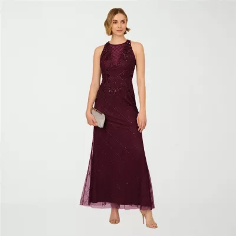 Papell Boutique Womens Beaded Embellished Sleeveless Evening Gown