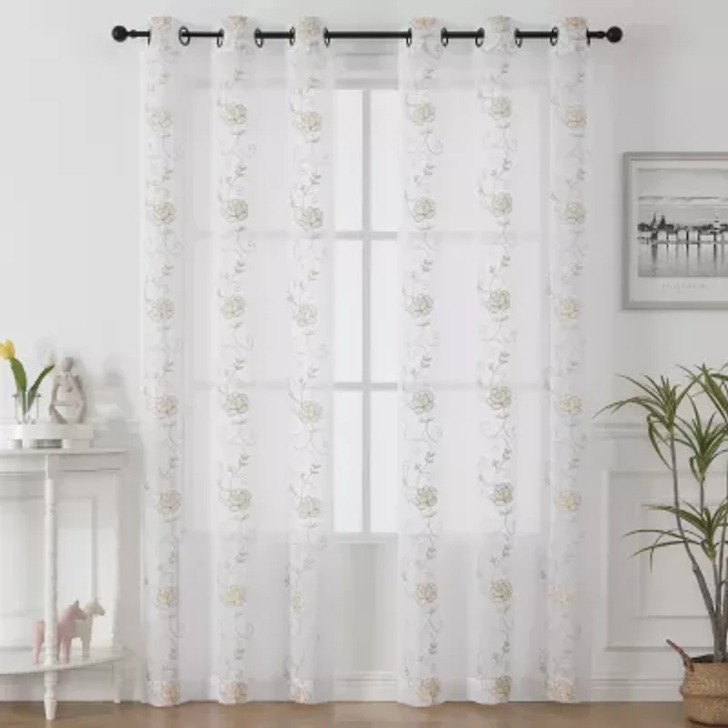 Runyan Embroidered Grommet Top Sheer Set of 2 Curtain Panel