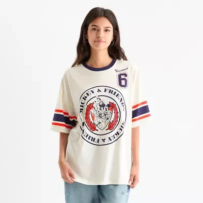 Womens Juniors Crew Neck Short Sleeve Oversized Mickey and Friends Graphic T-Shirt