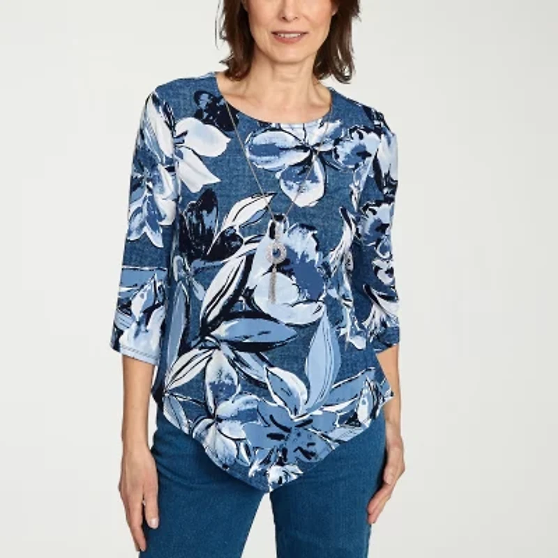 Alfred Dunner Classics Womens Crew Neck 3/4 Sleeve T-Shirt