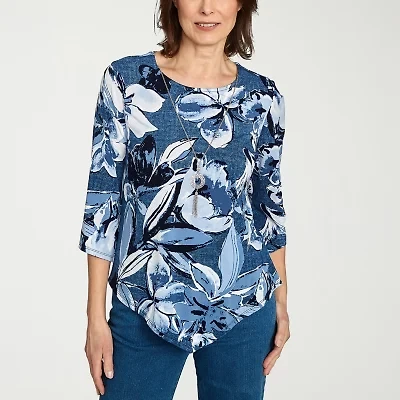 Alfred Dunner Classics Womens Crew Neck 3/4 Sleeve T-Shirt