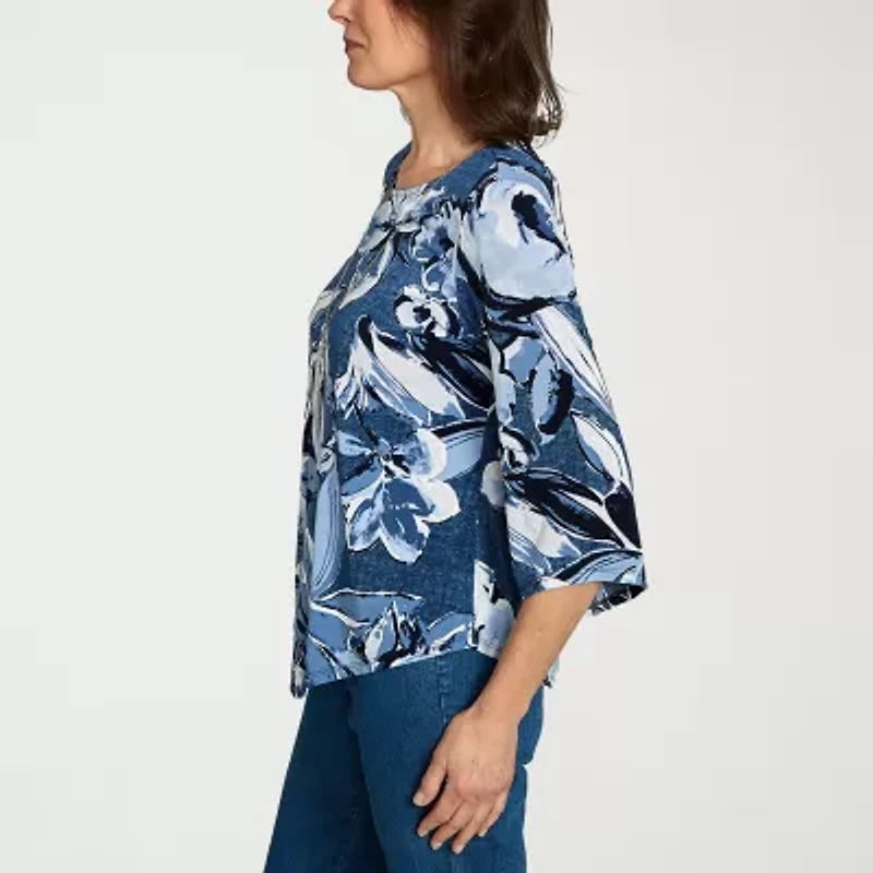 Alfred Dunner Classics Womens Crew Neck 3/4 Sleeve T-Shirt