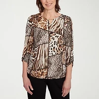 Alfred Dunner Classics Womens Crew Neck 3/4 Sleeve T-Shirt