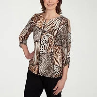 Alfred Dunner Classics Womens Crew Neck 3/4 Sleeve T-Shirt