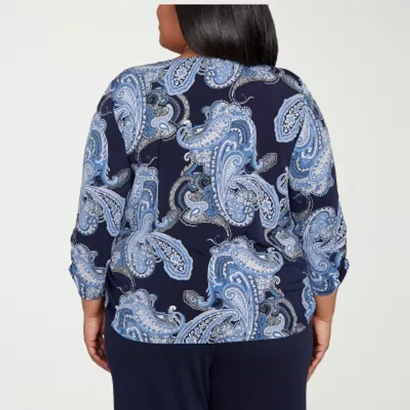 Alfred Dunner Classics Womens Plus Crew Neck 3/4 Sleeve T-Shirt