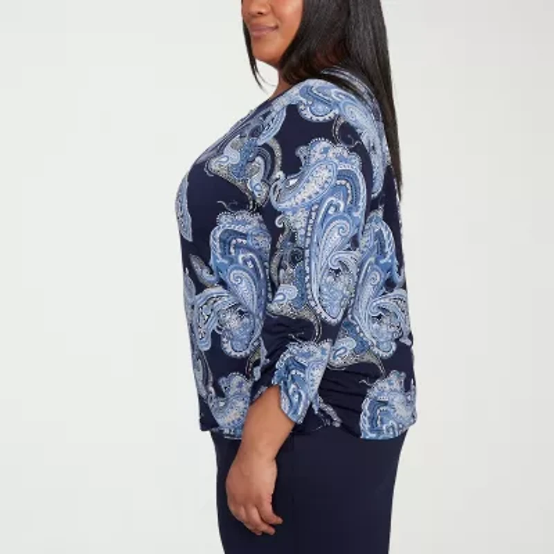 Alfred Dunner Classics Womens Plus Crew Neck 3/4 Sleeve T-Shirt