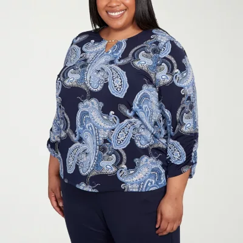 Alfred Dunner Classics Womens Plus Crew Neck 3/4 Sleeve T-Shirt