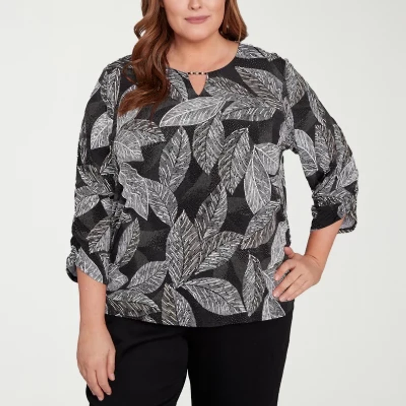 Alfred Dunner Classics Womens Crew Neck 3/4 Sleeve Plus T-Shirt