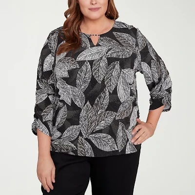 Alfred Dunner Classics Womens Crew Neck 3/4 Sleeve Plus T-Shirt