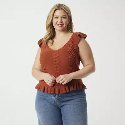 JS Jessica Simpson Plus Womens V Neck Sleeveless Cable Knit Pullover Sweater