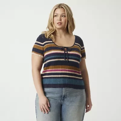JS Jessica Simpson Plus Womens Scoop Neck Short Sleeve Striped Pullover Sweater