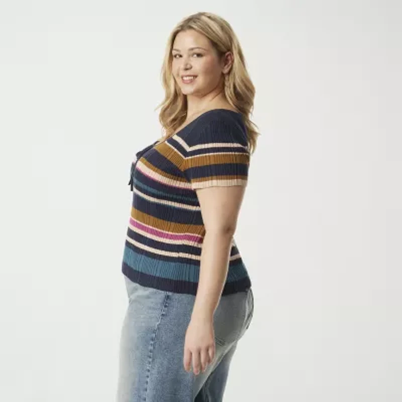 JS Jessica Simpson Plus Womens Scoop Neck Short Sleeve Striped Pullover Sweater