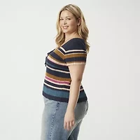 JS Jessica Simpson Plus Womens Scoop Neck Short Sleeve Striped Pullover Sweater