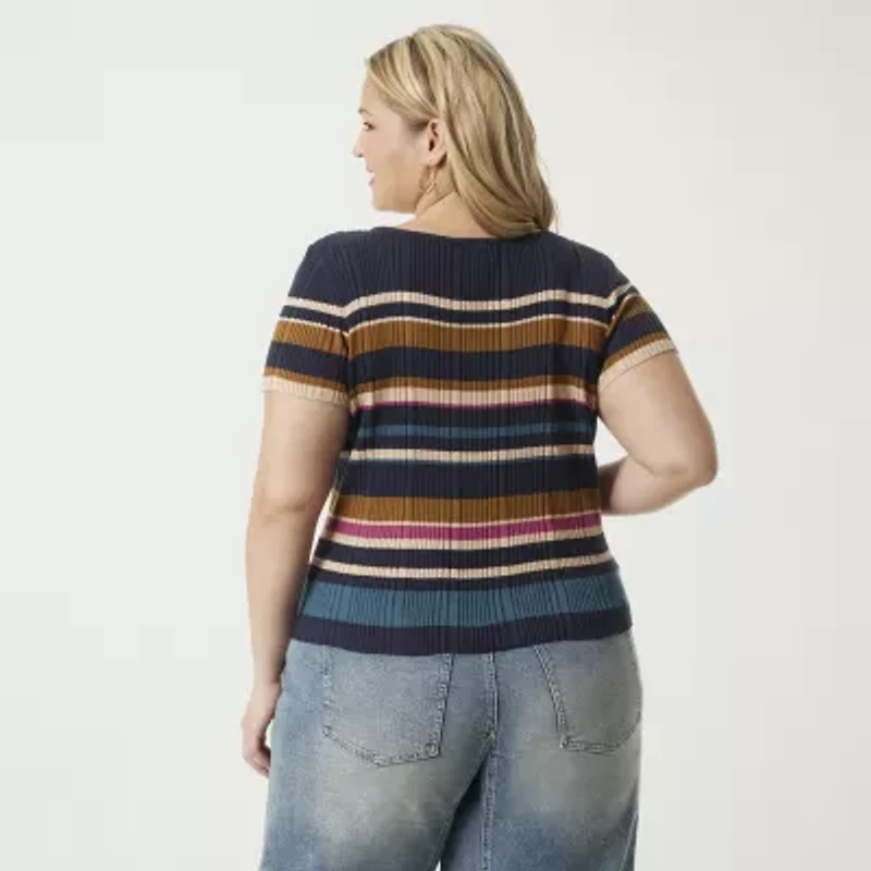 JS Jessica Simpson Plus Womens Scoop Neck Short Sleeve Striped Pullover Sweater