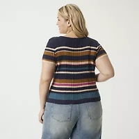 JS Jessica Simpson Plus Womens Scoop Neck Short Sleeve Striped Pullover Sweater