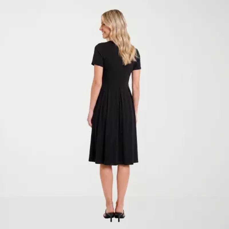 24seven Comfort Apparel Womens Midi Boat Neck Short Sleeve A-Line Dress