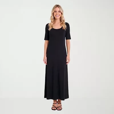 24seven Comfort Apparel Womens Scoop Neck Elbow Sleeve Maxi Dress