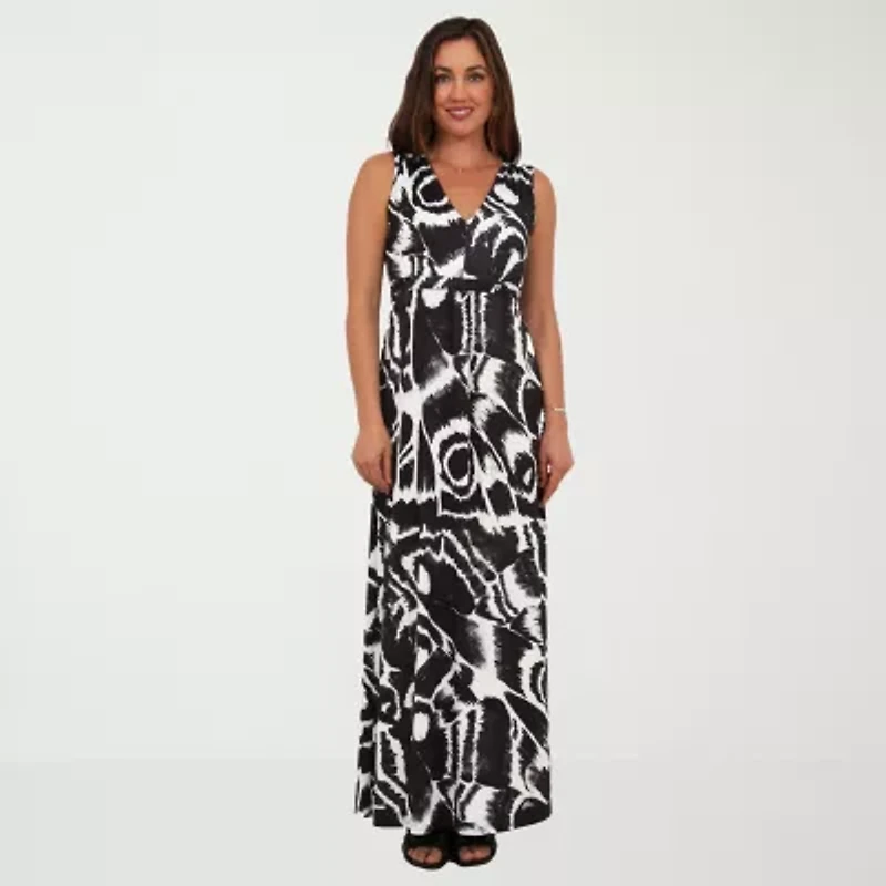 24seven Comfort Apparel Womens V Neck Sleeveless Paisley Empire Waist Dress