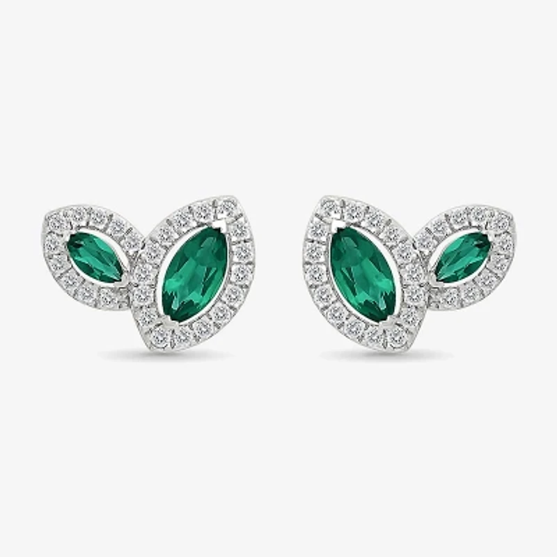 Lab Created Green Emerald Sterling Silver 8.5mm Marquise Stud Earrings