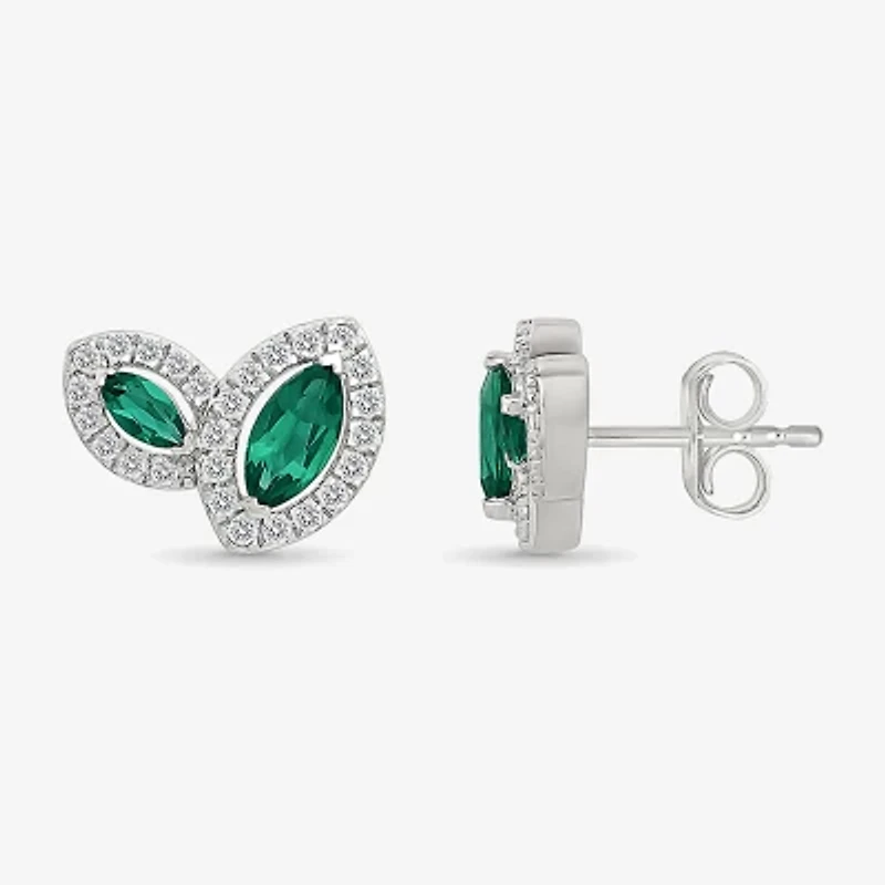 Lab Created Green Emerald Sterling Silver 8.5mm Marquise Stud Earrings