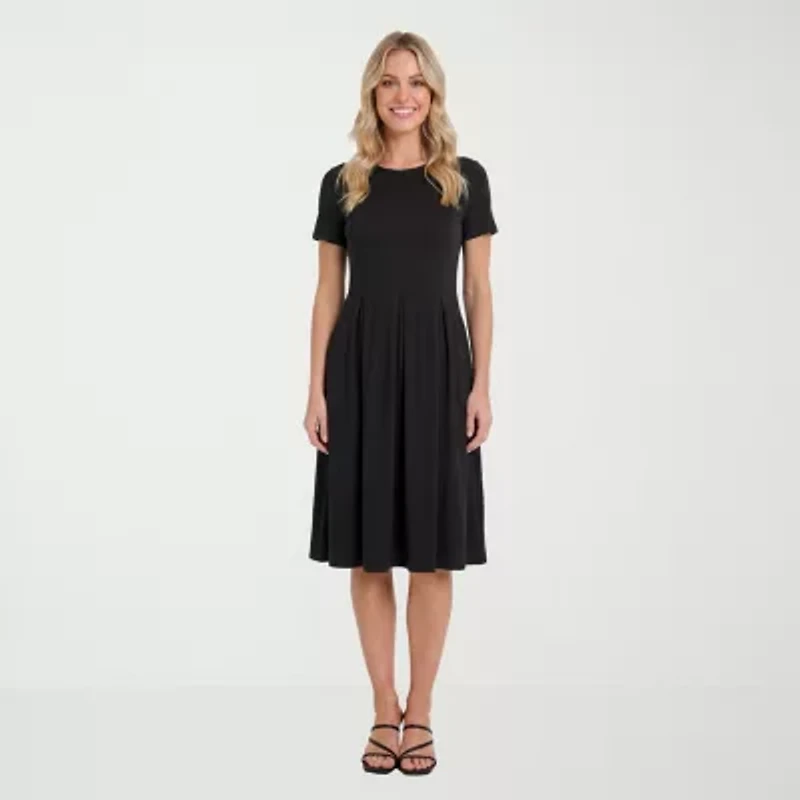 24seven Comfort Apparel Womens Midi Boat Neck Short Sleeve A-Line Dress
