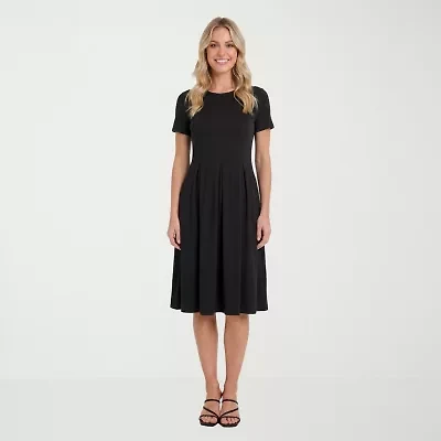 24seven Comfort Apparel Womens Midi Boat Neck Short Sleeve A-Line Dress
