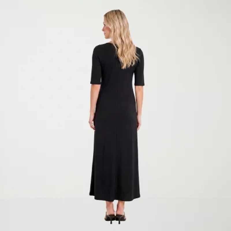 24seven Comfort Apparel Womens Scoop Neck Elbow Sleeve Maxi Dress
