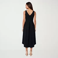 24seven Comfort Apparel Womens Midi V Neck Sleeveless Fit + Flare Dress