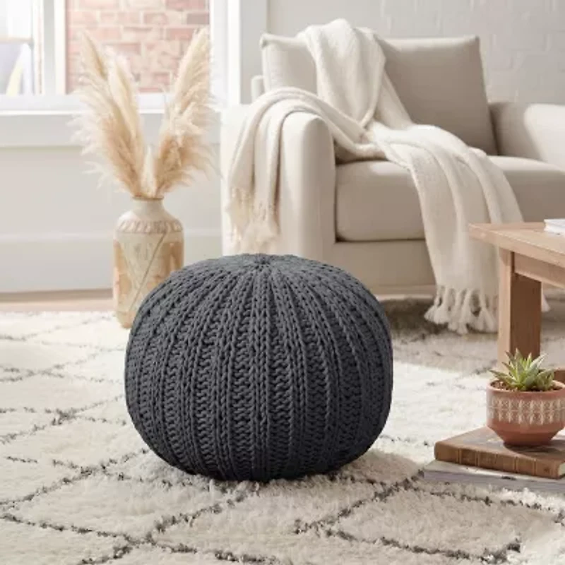 LR Home Montra 16" Handmade Cableknit Cotton Pouf