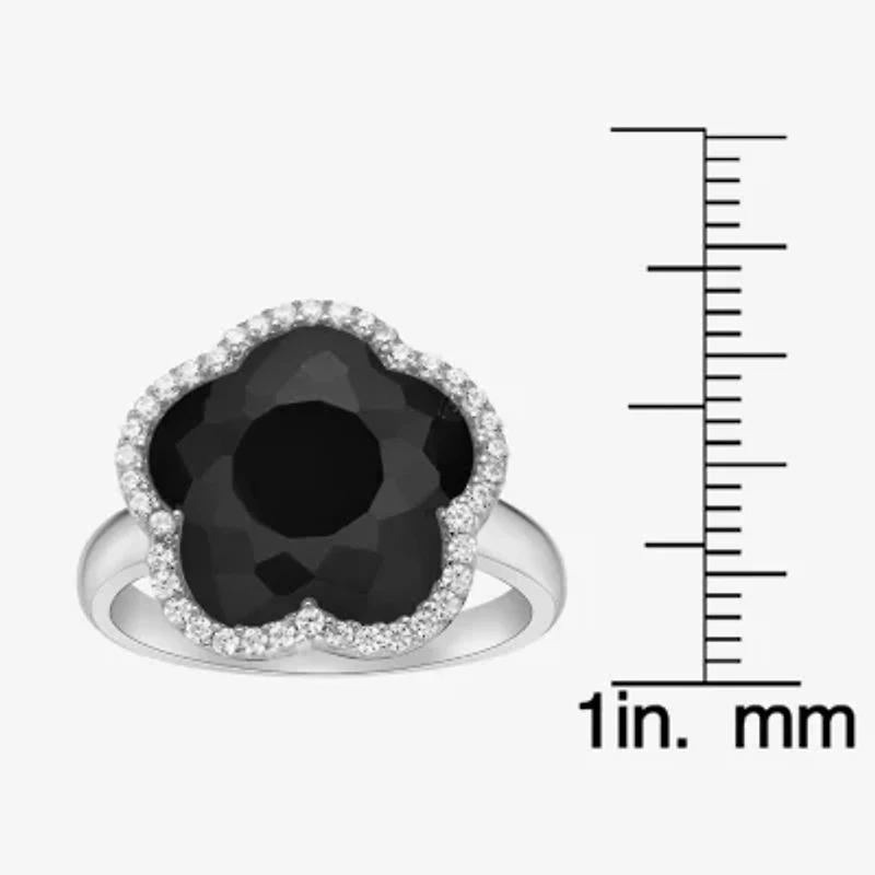 Womens Genuine Black Onyx Sterling Silver Flower Cocktail Ring