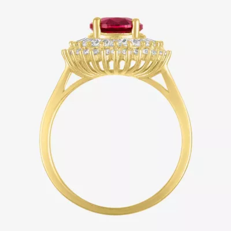 Womens Lab Created Red Ruby 14K Gold Over Silver Halo Side Stone Cocktail Ring