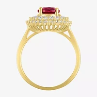 Womens Lab Created Red Ruby 14K Gold Over Silver Halo Side Stone Cocktail Ring