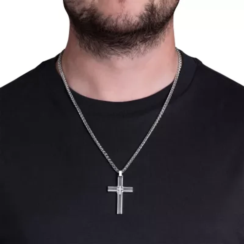 Mens Cubic Zirconia Stainless Steel Cross Inch Pendant Necklace