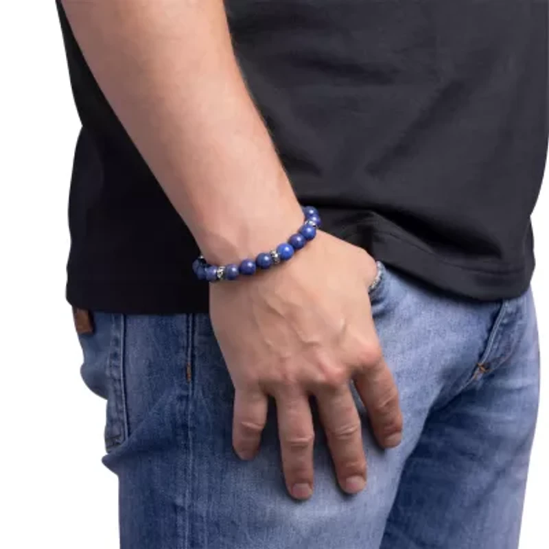 Mens Blue Sterling Silver Beaded Bracelet