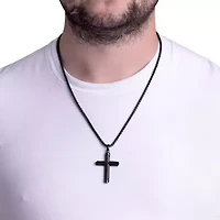 Wooden Inlay Mens Stainless Steel Cross 24 Inch Pendant Necklace