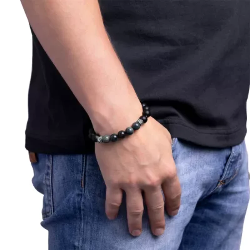 Mens Agate Sterling Silver Beaded Bracelet