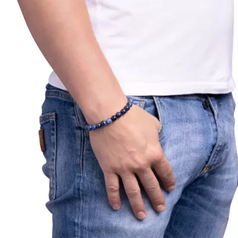 Mens Blue Agate Sterling Silver Beaded Bracelet