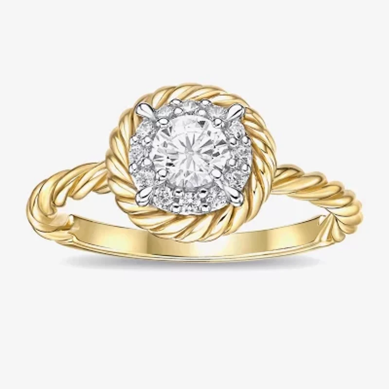Diamonart Womens Cubic Zirconia 14K Gold Over Silver Round Halo Engagement Ring