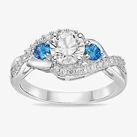 Diamonart Womens Blue Cubic Zirconia Sterling Silver Round Side Stone 3-Stone Engagement Ring