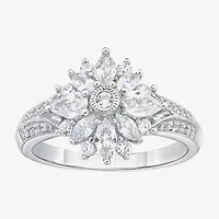 DiamonArt® Womens White Cubic Zirconia Sterling Silver Cluster Cocktail Ring