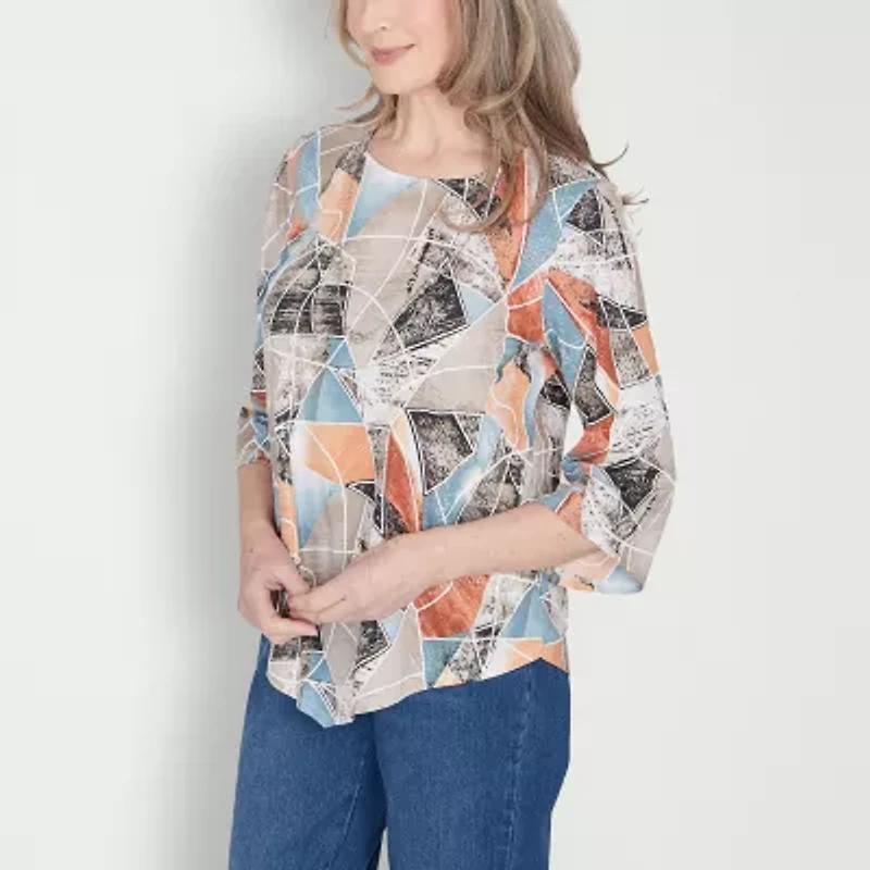 Alfred Dunner Classics Womens Crew Neck 3/4 Sleeve T-Shirt