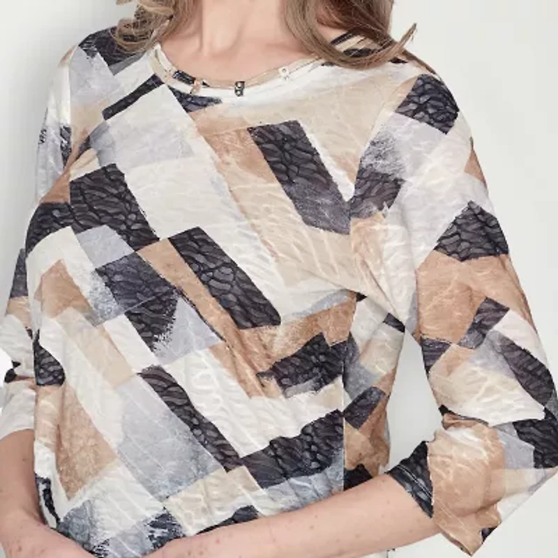 Alfred Dunner Classics Womens Crew Neck 3/4 Sleeve T-Shirt