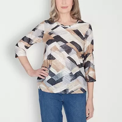 Alfred Dunner Classics Womens Crew Neck 3/4 Sleeve T-Shirt
