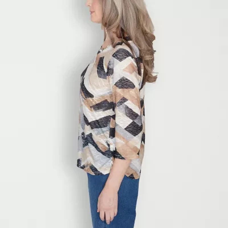 Alfred Dunner Classics Womens Crew Neck 3/4 Sleeve T-Shirt