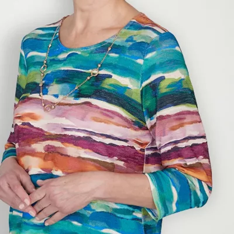 Alfred Dunner Classics Womens Crew Neck 3/4 Sleeve T-Shirt