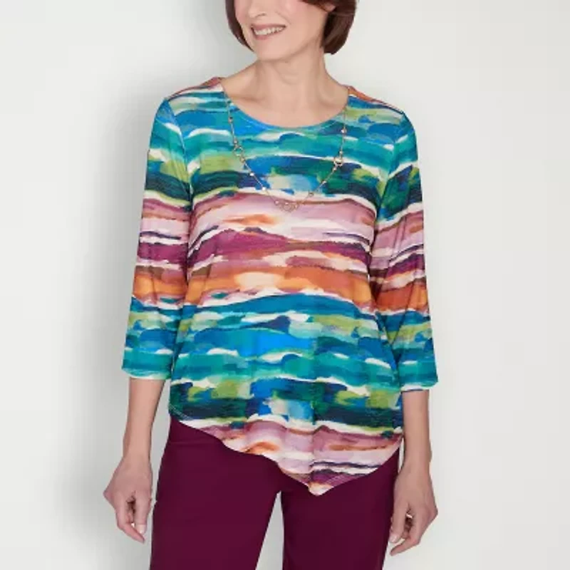 Alfred Dunner Classics Womens Crew Neck 3/4 Sleeve T-Shirt