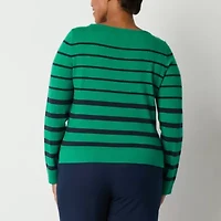 Liz Claiborne Womens Boat Neck Long Sleeve Striped Pullover Sweater